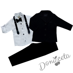 Детски костюм от панталон, риза в бяло, сако в черно, тиранти и папийонка
