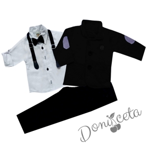 Детски костюм от панталон, риза в бяло, сако в черно с кръпки, тиранти и папийонка