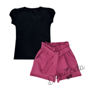 Детски комплект от къси панталонки в циклама и тениска в черно за момиче 1