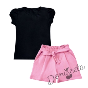 Детски комплект от къси панталонки в розово и тениска в черно за момиче 1