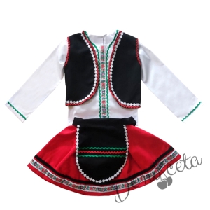 Детска народна носия 3- комплект риза в бяло, пола, елек и престилка с фолклорни/етно мотиви 