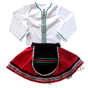 Детска народна носия 4- комплект пола в червено, риза и престилка с фолклорни/етно мотиви 