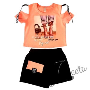Детски комплект от пола/панталон и тениска в неоново оранжево