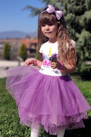 Детска рокля в бяло и тюл в лилаво с Пони/Еднорог 3