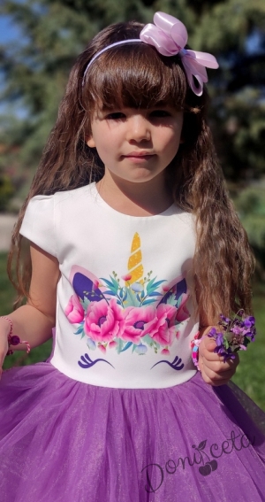 Детска рокля в бяло и тюл в лилаво с Пони/Еднорог 4