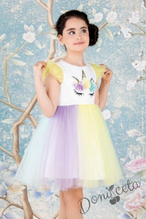 Детска рокля с къс ръкав с Пони/Еднорог в бяло с многоцветен тюл 4474533