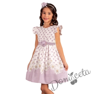Детска рокля с къс ръкав в бяло на точки в лилаво 4346547