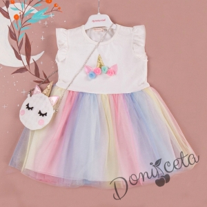 Детска рокля с къс ръкав с Пони/Еднорог и многоцветен тюл и чантичка  1