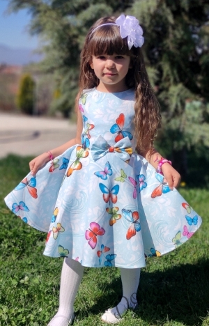 Детска рокля в тюркоаз/мента с пеперуди тип клош Мелиса 1