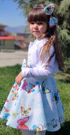 Детска рокля в тюркоаз на пеперуди тип клош с болеро в бяло 1