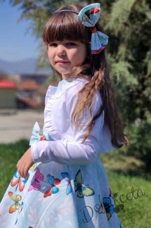 Детска рокля в тюркоаз на пеперуди тип клош с болеро в бяло 4