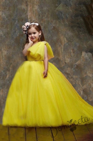 Официална детска дълга рокля Ница в жълто с шлейф от тюл  1