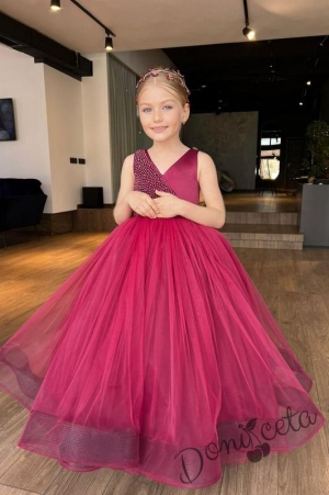 Официална детска дълга рокля Мираж в бордо с аксесоар за коса