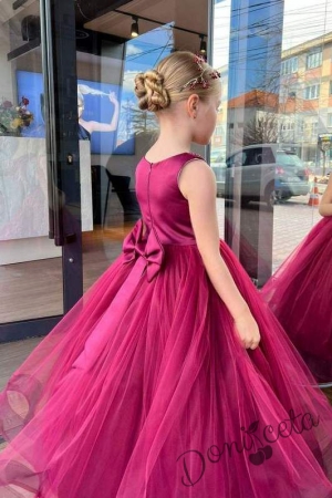 Официална детска дълга рокля Мираж в бордо с аксесоар за коса