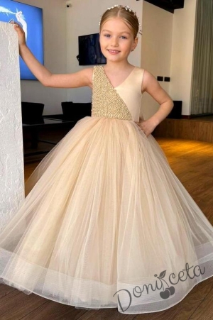 Официална детска дълга рокля Мираж в златисто с аксесоар за коса