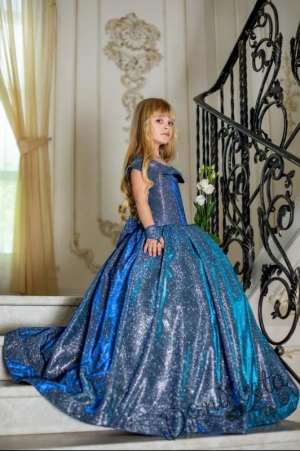 Официална дълга детска рокля Шайн в синьо с блясък и обръч 3
