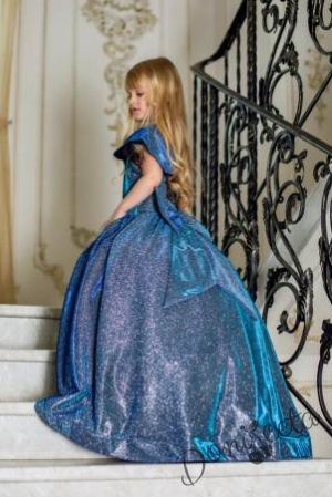 Официална дълга детска рокля Шайн в синьо с блясък и обръч 4