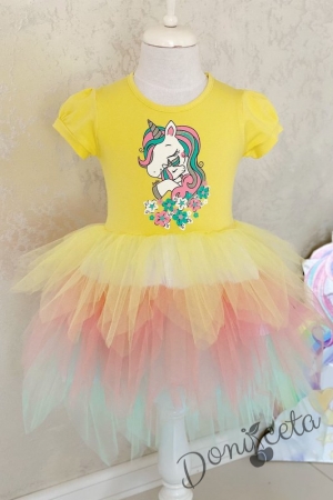 Детска рокля с къс ръкав с Пони/Еднорог в жълто и многоцветен тюл 