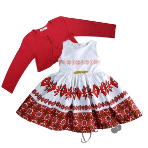 Детска рокля без ръкав с фолклорни/етно мотиви тип народна носия с болеро в червено