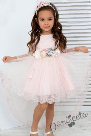 Официална детска рокля в пепел от рози с 3/4 ръкав и тюл с диадема