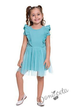 Ежедневна детска рокля с къс ръкав в тюркоаз/мента с къдрички 956334