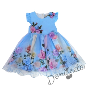 Ежедневна детска рокля с къс ръкав в светлосиньо на цветя с тюл 9513242