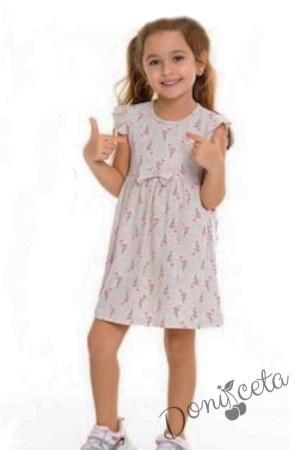 Ежедневна детска рокля с къс ръкав в сиво с фламинго 1