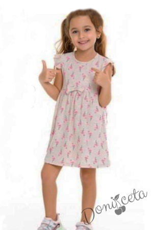 Ежедневна детска рокля с къс ръкав в бежово с фламинго 1