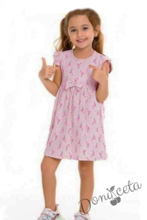 Ежедневна детска рокля с къс ръкав в розово с фламинго 1