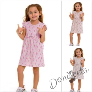 Ежедневна детска рокля с къс ръкав в розово с фламинго 3