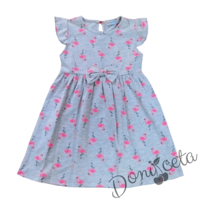 Ежедневна детска рокля с къс ръкав в сиво с фламинго  2