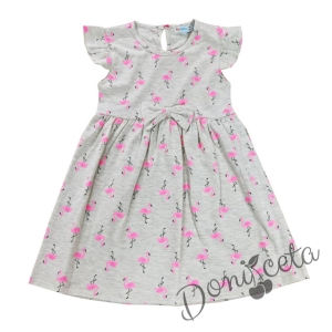Ежедневна детска рокля с къс ръкав в бежово с фламинго 2