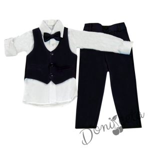 Официален костюм момче от елек в черно, риза в бяло, панталон и папийонка