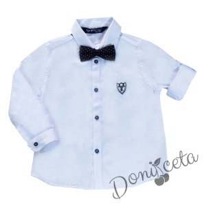 Официална детска риза с дълъг ръкав в бяло с тъмносиня папийонка на точки