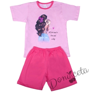Детска пижама за момиче с къс ръкав в розово и циклама с момиче 543565