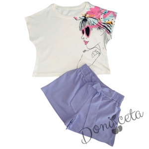 Летен комплект момиче от къси панталони в лилаво и тениска в бяло  1