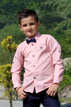 Детска риза за момче с дълъг ръкав в розово с папийонка на точки