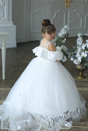 Официална детска дълга рокля в бяло и тюл с пеперуди 