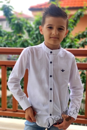 Детска риза за момче с дълъг ръкав в бяло 
