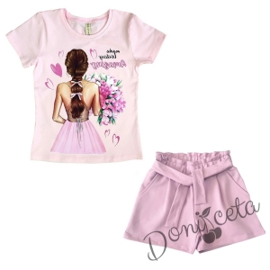 Летен комплект момиче от къси панталони в цвят пудра и тениска в розово с момиче 1