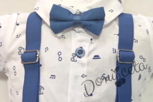 Комплект от боди-риза в бяло къс ръкав, панталони в синьо, тиранти и папийонка