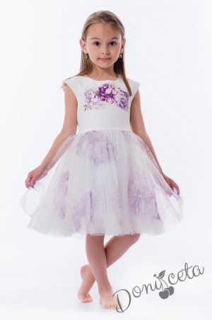 Детска рокля с къс ръкав с нежни цветя и болеро в лилаво