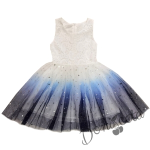Детска рокля в бяло и синьо с къс ръкав и тюл 8468684