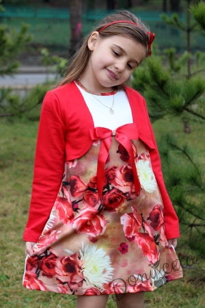 Children's sleeveless dress with flowers and a vest in red