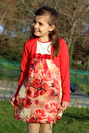 Детска рокля без ръкав с 3D ефектна картинка на цветя с болеро
