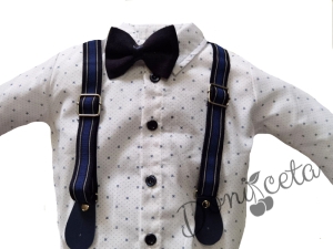 Бебешки комплект от панталон, боди-риза в бяло, тиранти и папийонка 546457