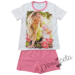 Детска пижама за момиче с къс ръкав в бяло и розово с момиче 545744