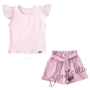 Летен комплект момиче от къси панталони в цвят пудра и тениска в розово 535641 1