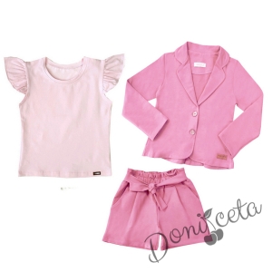 Детски комплект от къси панталони, сако в розово и тениска в розово 1