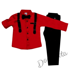 Комплект от панталон в черно, риза в червено, папийонка и тиранти 